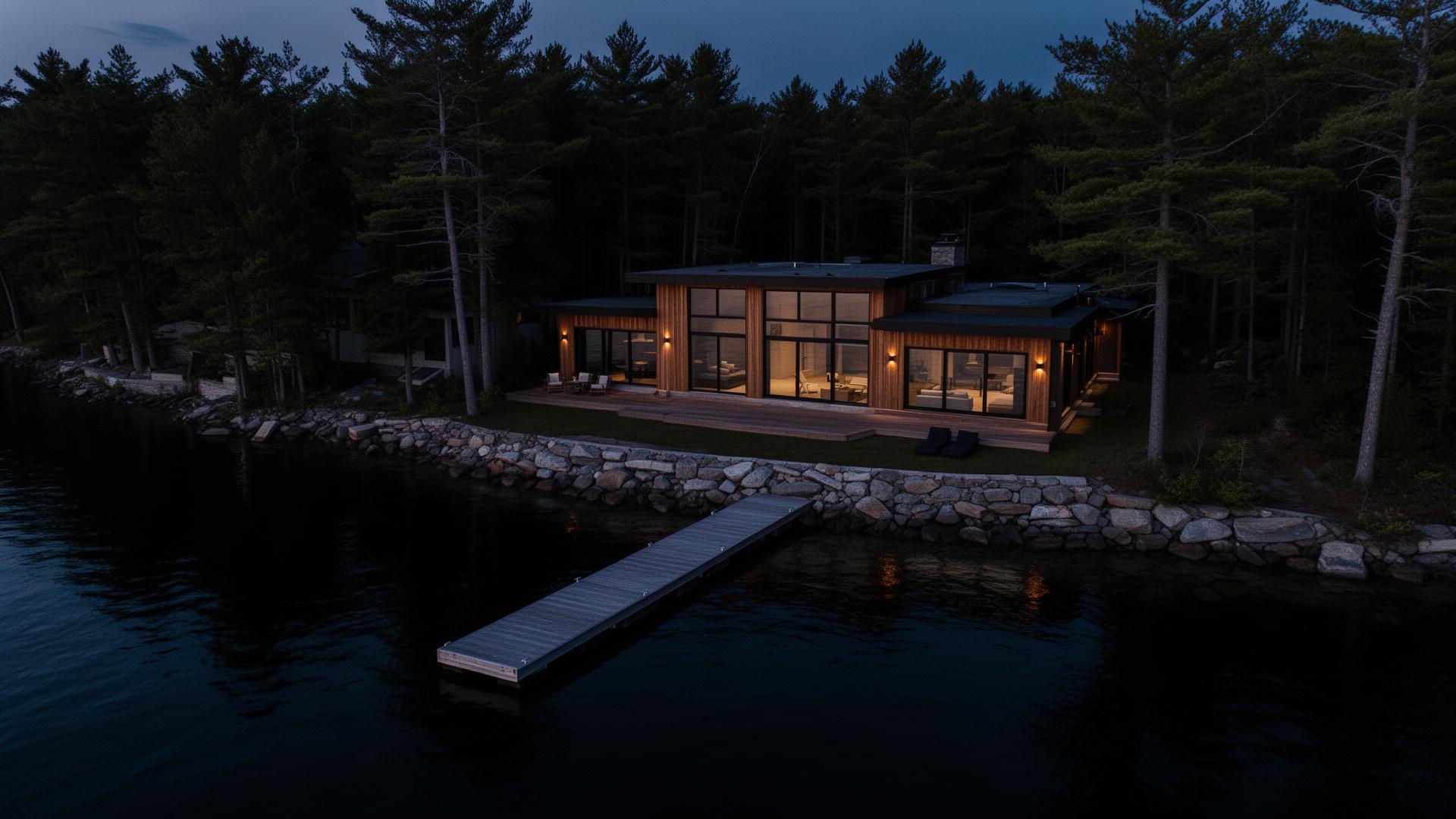 Luxury Muskoka lakefront cottage at dusk